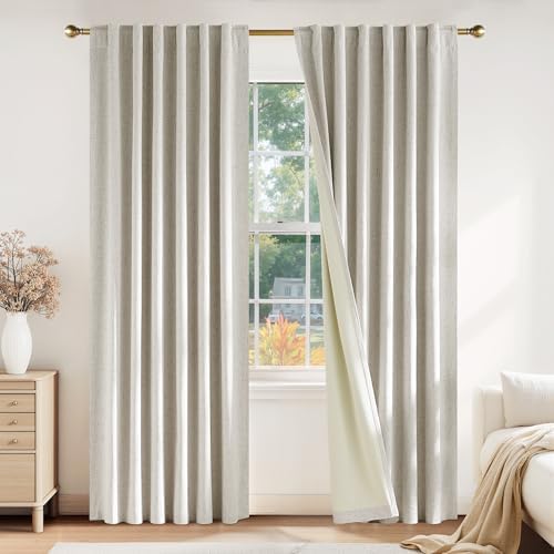 PONY DANCE Cream Linen Blackout Curtains 84 Inch Long for Bedroom