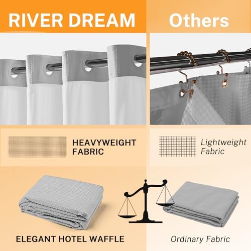 River Dream No Hooks Shower Curtain with 2 Snap in Liner, Light Grey