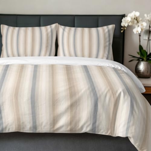 Duvet Cover Queen Size, Brown Gray Striped 3-Piece Bedding