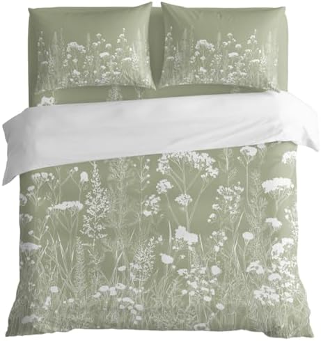 Sage Green California King 4 Piece Duvet Cover Set, White Botanical