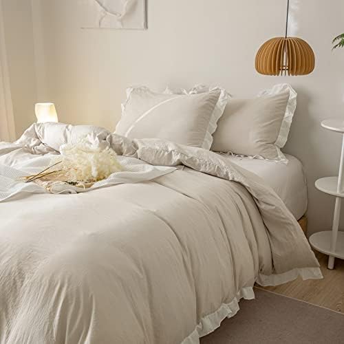 Beige Cream Duvet Cover Set King Size Bedding Set White Ruffle Pleated