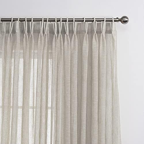 Beige Sheer Curtains 120 inches Long, Pinch Pleated Faux Linen Window