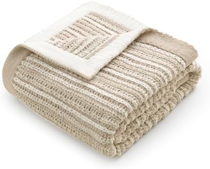 Amélie Home Striped Knit Chenille Throw Blanket, Beige 50×60