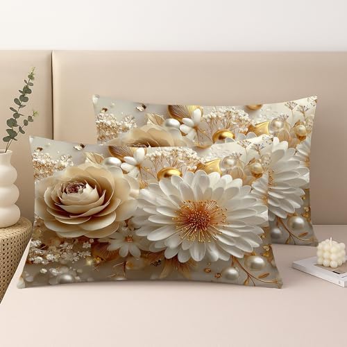 Elegant Floral Pillow Covers Set of 2, Cream Gold Decor Throw Pillows