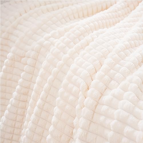 Puncuntex Fleece Throw Blanket Cream White 50"×70" with Square Grid