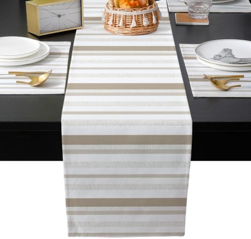 Retro Lines Table Runner and Placemats Set of 6 Farmhouse Beige Varied