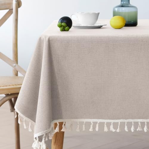 Large Round Table Cloth 94 inch, Oatmeal Linen Look with Tassels