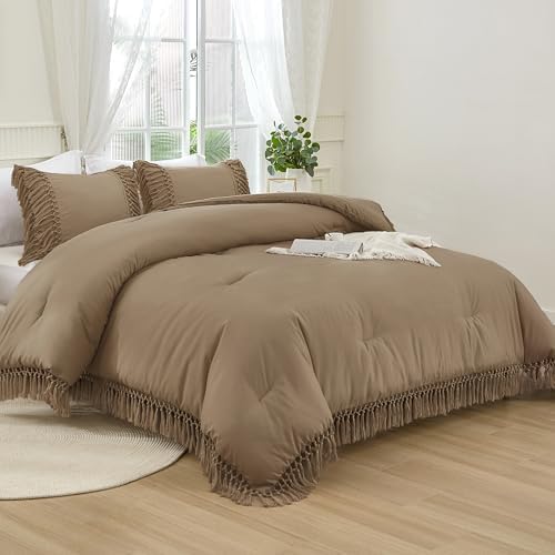 Andency Taupe Comforter Set King, 3 Pieces Boho Tassel Bedding