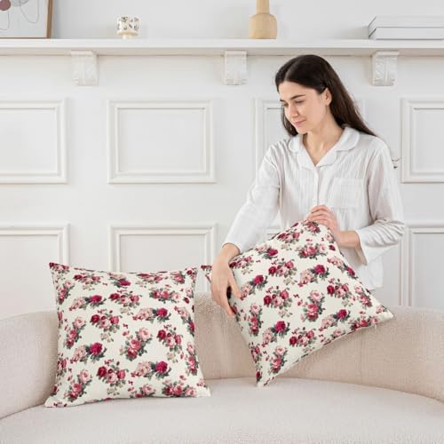 Vintage Floral Pillow Cases Set of 2, Red and Pink Flower Throw Pillow