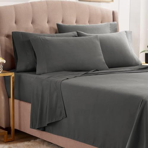 6-Pcs Cotton BedSheets Set Dark Grey King Size 16" Deep Pocket