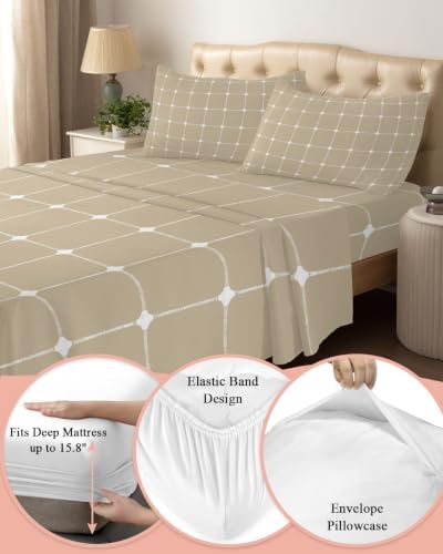 Queen Size Sheet Set 4 Pieces White Dots Grid Lines Fitted Sheets with