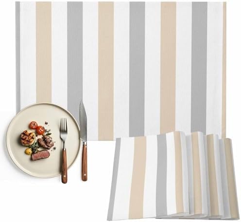 Placemats Set of 6, Beige Grey Striped Cotton Linen Place Mats