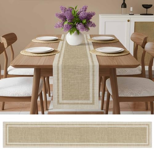 Beige Vintage Table Runner 108 Inches Long, Rustic Farmhouse Retro Art