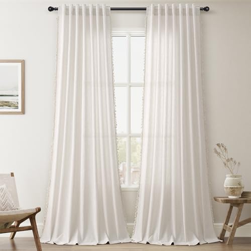 Light Beige Boho Linen Blend Curtains 96 Inches Long 2 Panels Textured