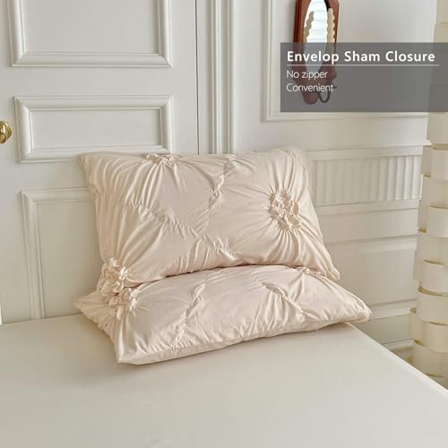 Beige Queen Size Duvet Cover Set with Pinch Pleat Flower Design, 3 PCS
