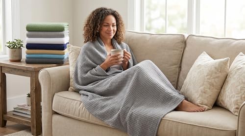100% Cotton Waffle Weave Blanket, Queen Size 90 x 90 Inches, 300 GSM