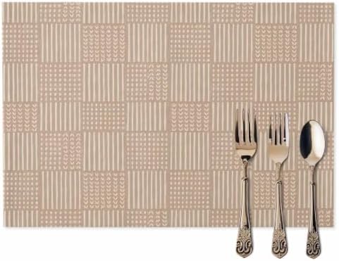 Minimalist Gingham Placemats Set of 8, Rustic Woven Grid Lines Beige
