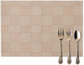 Minimalist Gingham Placemats Set of 8, Rustic Woven Grid Lines Beige