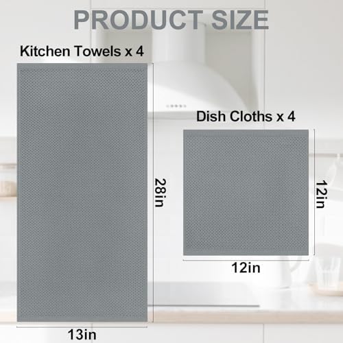 Homaxy 8 Pack 100% Cotton Kitchen Towels and Dishcloths Set, Grey