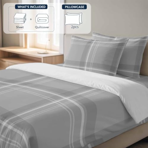 4 Piece Duvet Cover Set for Cal King Size Bed,Minimalist Gray Plaid