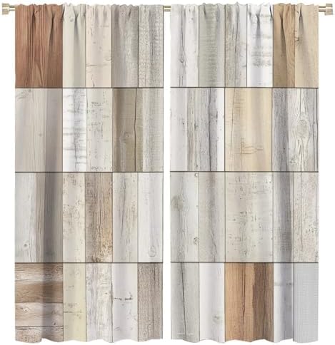 Rustic Wood Blackout Window Curtain Panels, Brown Plank Rod Pocket