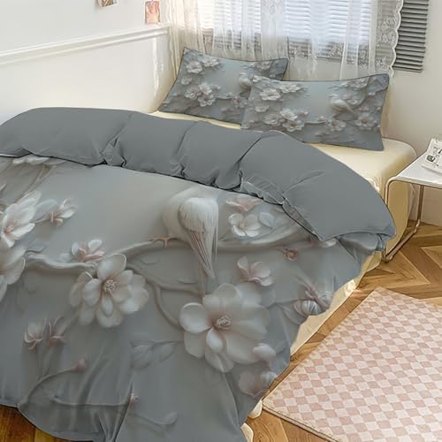 Duvet Cover Set King, 3D Minimalist Bird Flower Brushed Microfiber