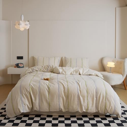 Striped Twin Size Duvet Cover Cotton Linen Cream Comforter Cover Twin
