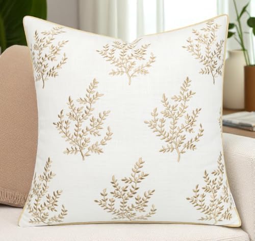VAGMINE Embroidered Fern Leaf 18x18 Throw Pillow Cover, Ivory