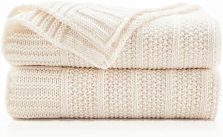 Douceur Cream White Stripe Knit Throw Blanket 50"x60"
