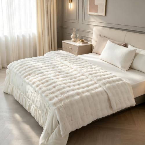 YUSOKI Double Sided Faux Rabbit Fur Throw Blanket, Cream, 60"x72"