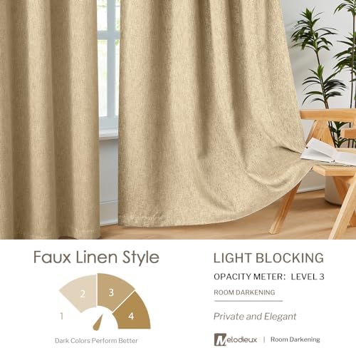 Melodiux Beige Linen Textured Room Darkening Curtains for Bedroom