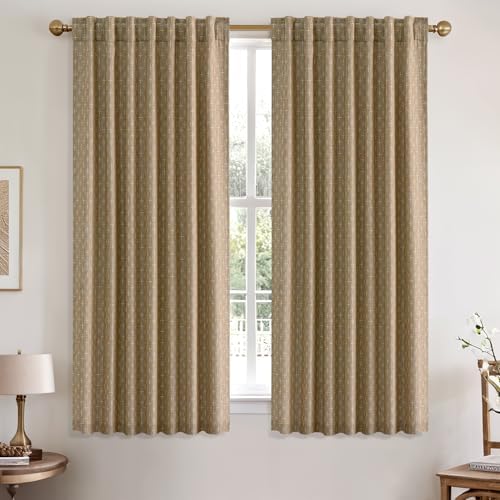 MIULEE Patterned Farmhouse Linen Curtains, Back Tab, 52Wx63L, Khaki