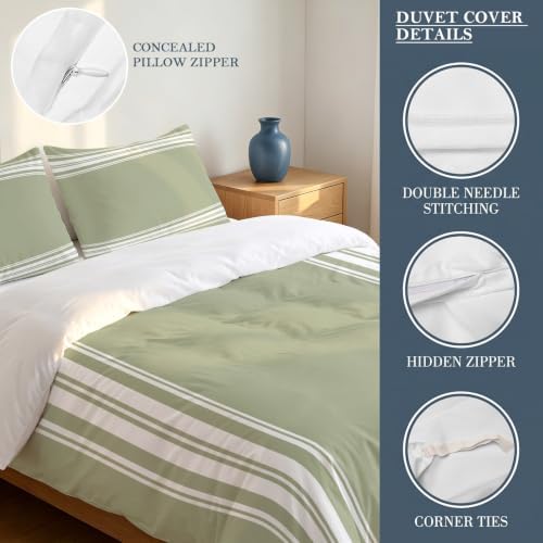 3 Pieces Cal King Bedding Duvet Covers Set White Sage Green Vertical