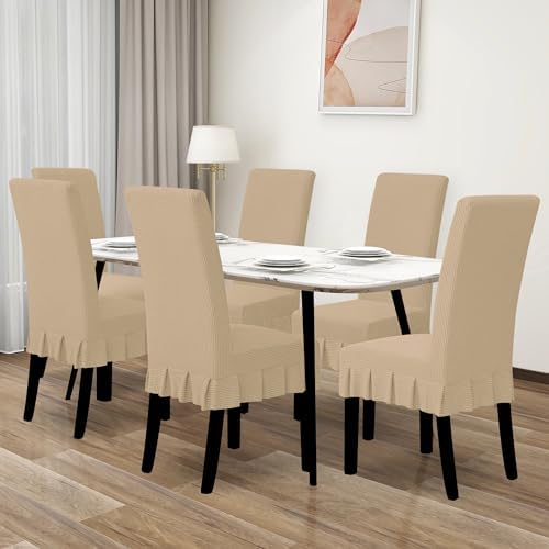 Easy-Going 8 PCS Stretch Dining Room Chair Covers with Skirt, Sand