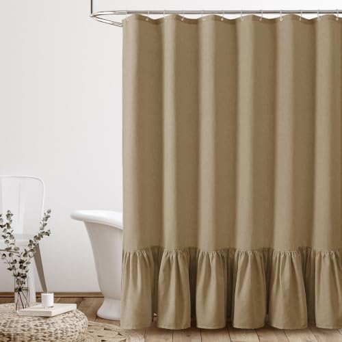 QiyI Extra Long Boho Linen Shower Curtain with Ruffle Hem, Khaki, 72 x