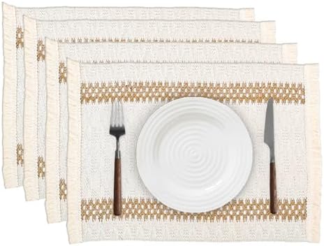 Niviy Boho Placemats Set of 4, 12x18 Inch Natural Cotton Burlap and