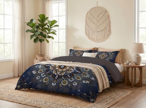 Charcoal Gray Traditional Flower Datura King Duvet Cover Set