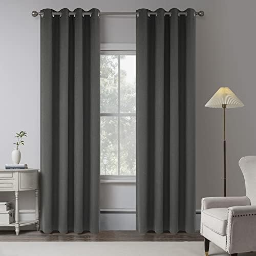 Charcoal Grey 100% Blackout Linen Curtains 96 Inches Long 2 Panels for