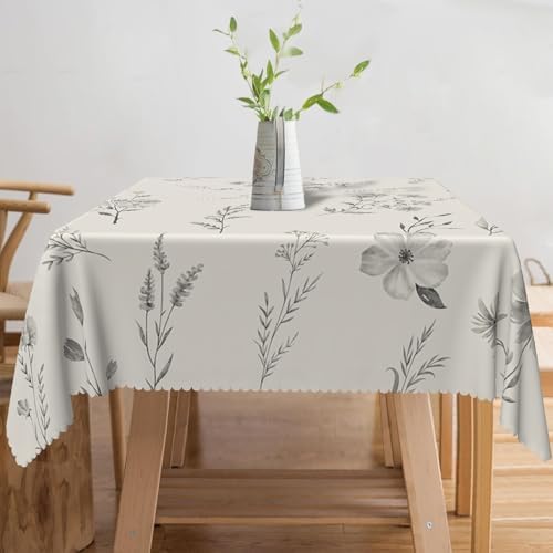 Gray Flowers Table Cloth 70x70 Inch Spring Summer Botanical Plants