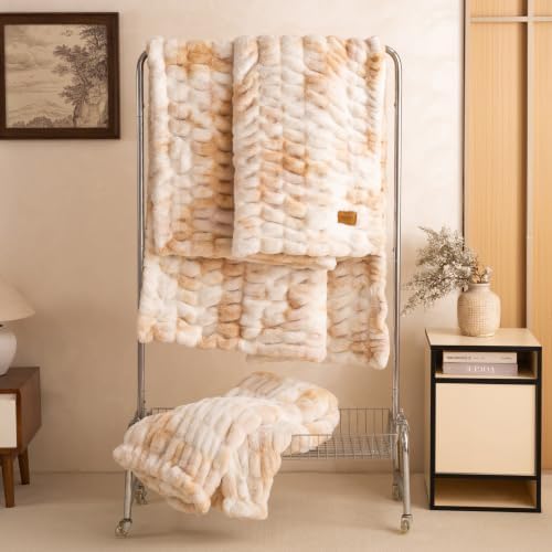 YUSOKI 1000GSM Bubble Faux Rabbit Fur Throw Blanket, Taupe Tie-Dye