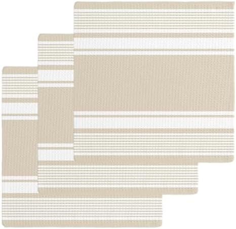 Farmhouse Beige Striped Waffle Kitchen Towel Set of 3 Modern