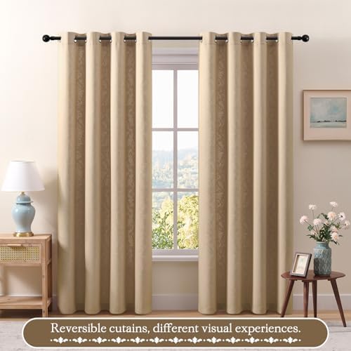 Beige Curtains 84 Inches Long 2 Panels Light Brown Damask Curtains