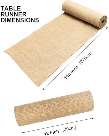 12×108 Inch Natural Burlap Table Runner, No-Fray Rustic Jute Hessian