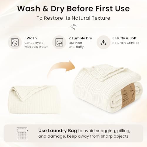 Love's cabin 100% Cotton Muslin Blanket Queen Size for Bed, Ivory