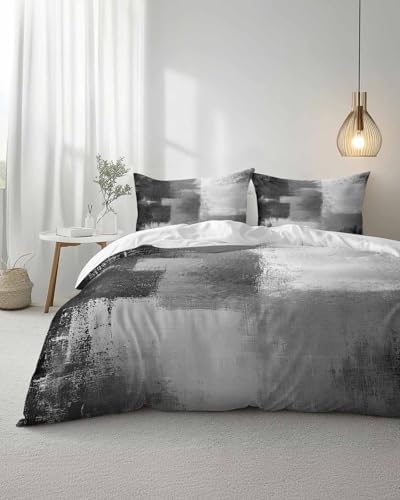 Duvet Cover Set Full, Vintage Gray Color Block Texture 3 Piece Bedding