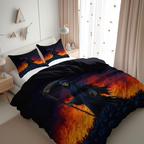 King Duvet Cover Set Gothic Skull Grim Reaper Bedding with Reversible