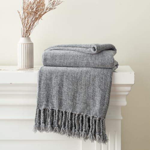 BATTILO HOME Light Gray Chenille Throw Blanket for Couch, Soft Cozy
