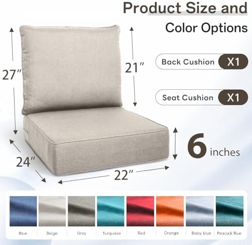 Luxury 6" Thick Outdoor Cushion Set 5 - 22x24 Patio Furniture Cushions