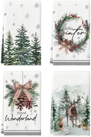 Artoid Mode Elk Trees Bowknot Winter Kitchen Towels Set of 4 18x26