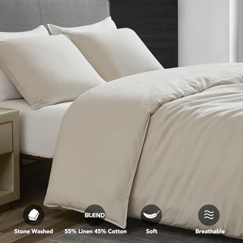 DAPU Linen Duvet Cover Queen, Washed Lightweight Bedding Set with